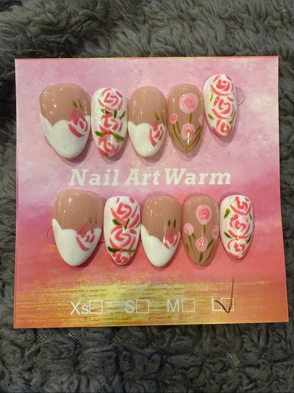Floral French tip handmade acrylic Press-On Nails with Pink Rose Design